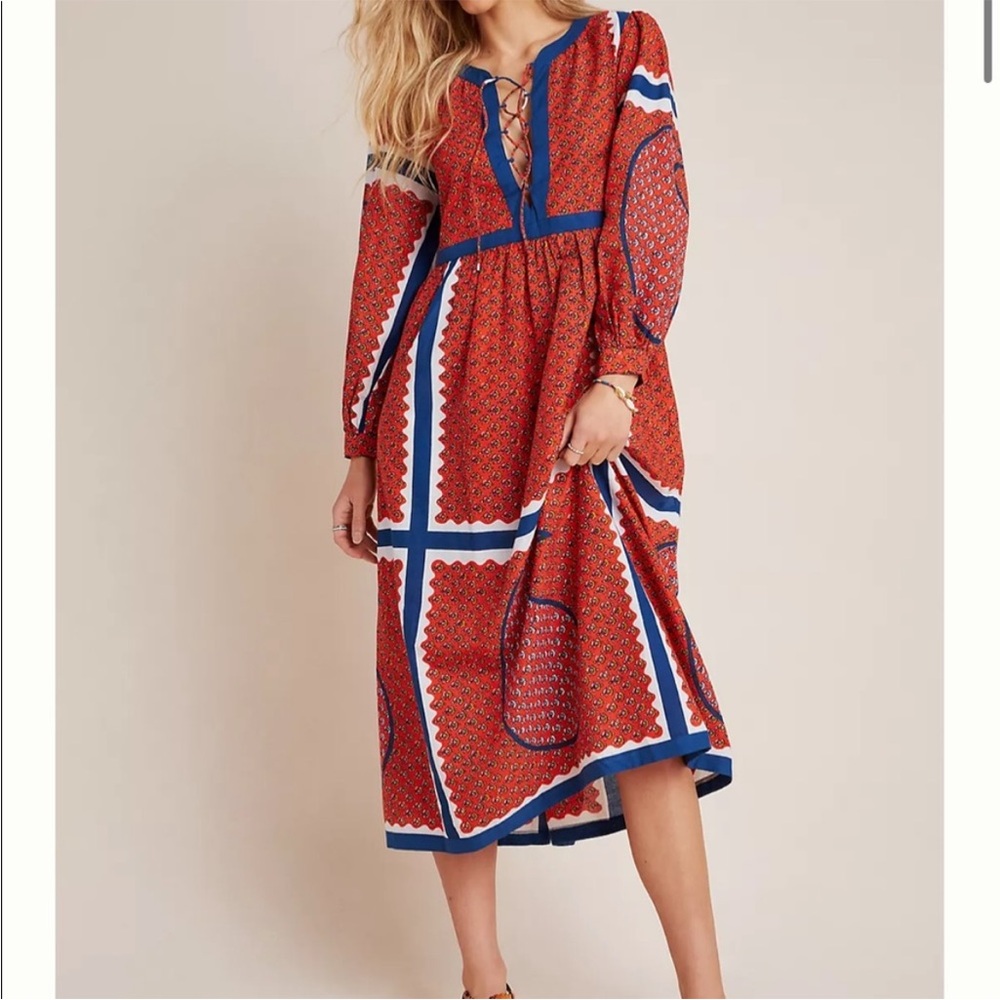 Antik Batik Red, Blue and White Lace-Up Maxi Dress S